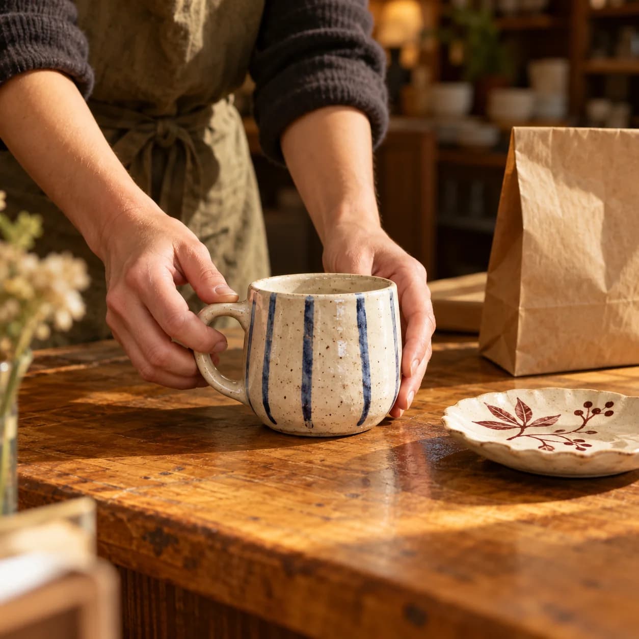 Des mains déposent une tasse émaillée à rayures bleues sur un comptoir en bois, à côté d’une assiette peinte