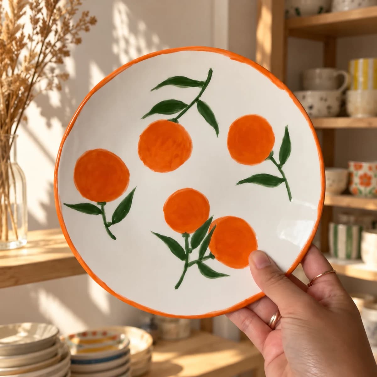 Assiette blanche bordée d’orange et peinte d’oranges avec leurs feuilles vertes