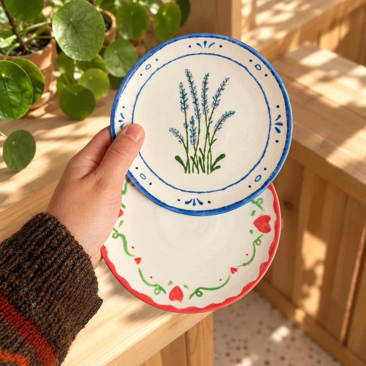 Deux assiettes botaniques tenues à la main, décorées de lavande et de fleurs rouges