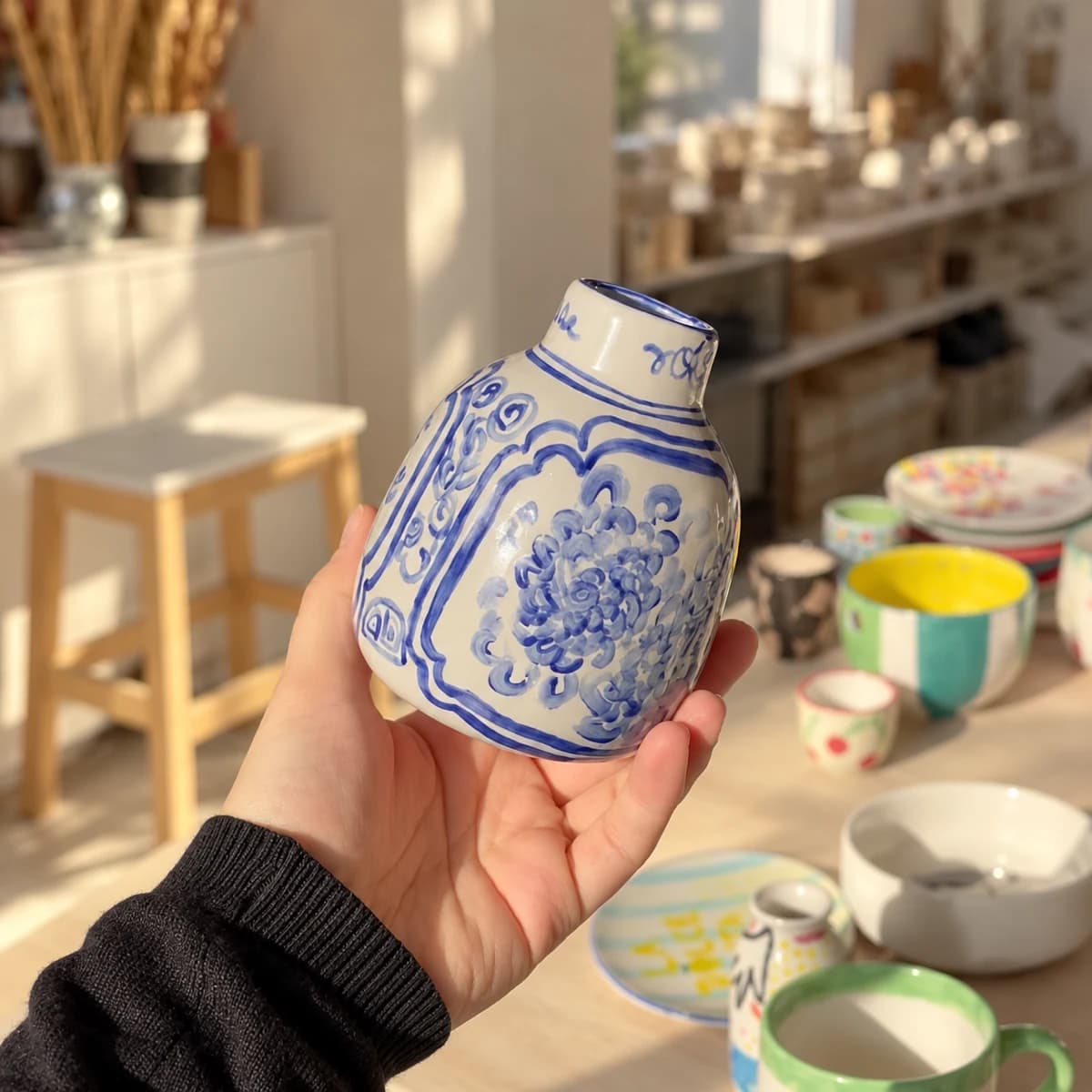 Vase peint à la main en bleu et blanc avec un grand motif floral